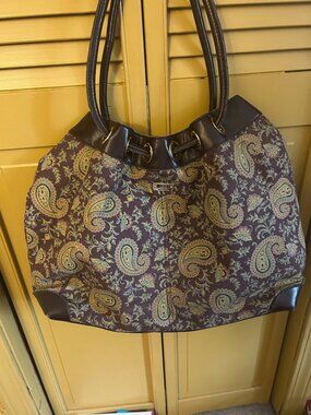 Vintage MaggieB bag Brown P{asiley fabric w leather trim  designed by Patricia N